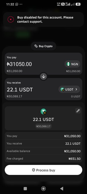 A mobile screenshot of a crypto exchange showing a 'Buy disabled for this account. Please contact support' message, with a conversion of ₦31050.00 NGN to 22.1 USDT.
