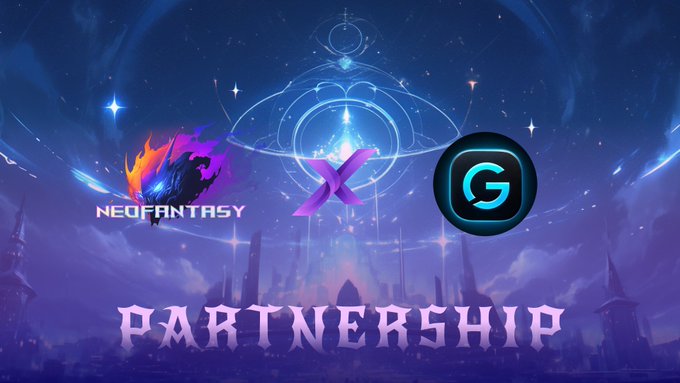 A promotional graphic announcing a 'PARTNERSHIP' between Neofantasy, an X (formerly Twitter) logo, and another G-branded logo against a fantasy castle background.