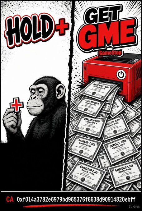 A 'HOLD' vs 'GET GME' GameStop-themed image, depicting a monkey holding a '+' sign on the left and a printer spitting out GameStop stock certificates on the right, with a contract address at the bottom.