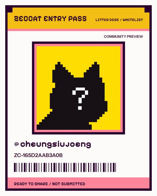 A digital 'BEDOAT ENTRY PASS' for community preview, featuring a pixelated black cat silhouette with a question mark and the username '@cheungsiujoeng'.