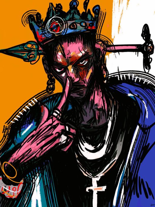 "GM Kings" is a popular social media account that features various art styles, including cartoon-like drawings of people wearing crowns or headpieces with intricate designs. In this particular image, there's an illustration of a man wearing a crown on his head, holding up his finger in front of it as if to signal something.