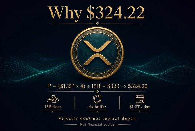 A promotional graphic for XRP cryptocurrency titled 'Why $324.22' featuring the XRP logo and a formula: P = ($1.2T × 4) ÷ 15B = $320 → $324.22, with supporting metrics '15B float', '4x buffer', '$1.2T / day', and the tagline 'Velocity does not replace depth.'