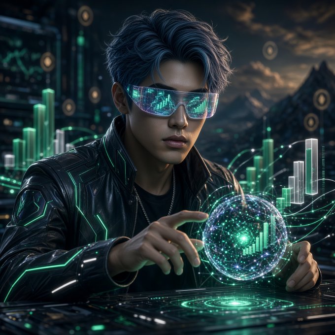 A futuristic AI-style illustration of a young man with blue hair and glowing holographic visor glasses, interacting with a glowing green data orb and holographic charts.