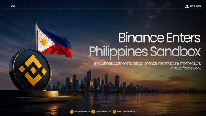 The image features an advertisement for a new digital asset platform, specifically designed for use with Bitcoin called "Binance enters Philippines sandbox". The platform is being developed by BlockShoals as part of their collaboration with Binance. 

In the center of the image, there is a circular logo on a white background that reads "BINANCE ENTRIES P Philippine SandsBOX". Surrounding this central logo are various elements related to the platform. In the top right corner, you can see an illustration of Bitcoin and its icon. The bottom left part of the image contains information about how BlockShoals will act as the local intermediary for transactions on the platform, while Binance provides infrastructure.