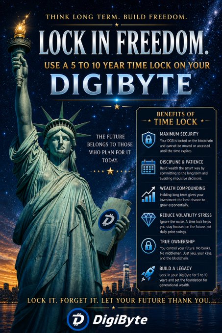 A DigiByte cryptocurrency advertisement featuring the Statue of Liberty with text 'LOCK IN FREEDOM. USE A 5 TO 10 YEAR TIME LOCK ON YOUR DIGIBYTE' and a list of benefits including maximum security and wealth compounding.