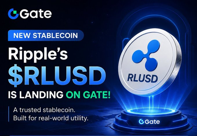 The image features a coin with Ripple's logo, which is worth $RLUSD. The text "Ripple's $RLUSD is landing now!" indicates that this particular coin has just been released for sale or purchase.