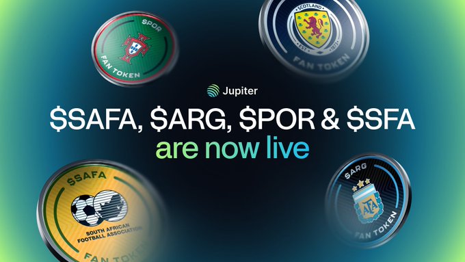 The image features a poster for the World Cup, which is scheduled to take place in Solana Beach, Spain. The poster includes four different coins from various countries, each representing a different soccer team. The text on the poster reads "ssfa,sarg,sor & sfsfa are now live" and "World Cup is coming to Solana with Jupiter." This suggests that the World Cup is not only happening in Spain but also has a connection to the cryptocurrency market through the involvement of Jupiter Coin.