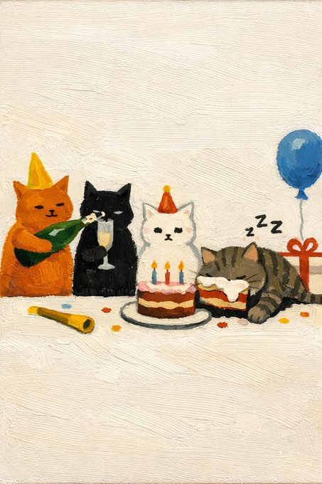 A charming illustration depicts four cats celebrating a birthday party, with an orange cat in a party hat popping champagne, a black cat holding a glass, a white cat in a party hat behind a cake with lit candles, and a sleeping tabby cat beside it, accompanied by "zzz" text, a blue balloon, and a gift box.