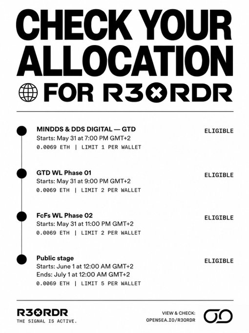 The image shows a poster for an event called "check your allocation" that is scheduled for R3rdr. It appears to be a promotional event, as indicated by the text "focus on what is in the image and how it relates to the post". The poster provides information about the event's schedule, including details such as the start time of each phase (phase 1 starts at 8:00 AM), the allocated mint per wallet, and the allocation structure. This information helps users understand the event better and make informed decisions regarding their participation or investment in the project.