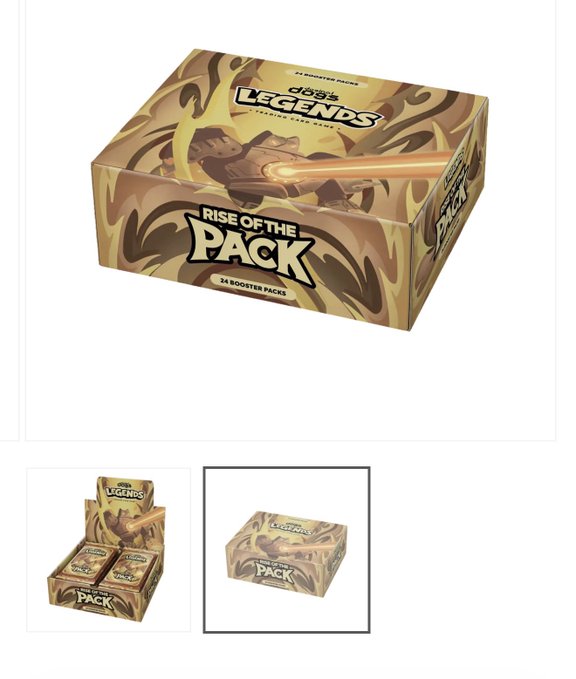 The image displays a box of "Legends: Rise of the Pack" trading cards by Doginal Dogs, which contains 24 booster packs, accompanied by smaller images of the individual packs and a retail display box.