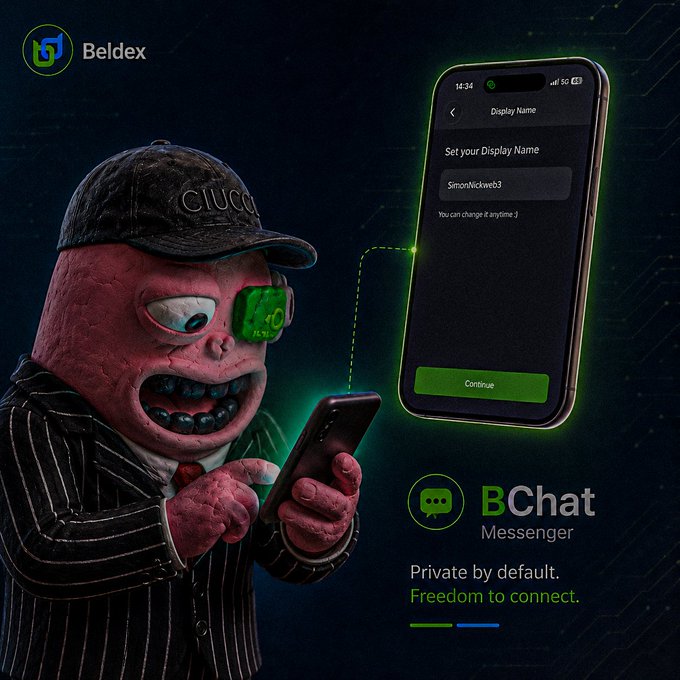 Beldex BChat Messenger advertisement featuring a claymation character in a pinstripe suit and Gucci cap using a smartphone, with the tagline 'Private by default. Freedom to connect.'