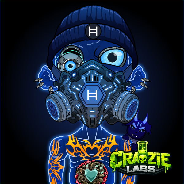 A cyberpunk-style character wears a glowing blue mechanical mask with the letter 'H', featuring orange tribal tattoos, with 'CRAZIE LABS' branding visible.