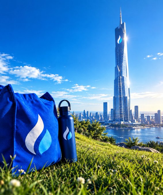 A blue branded tote bag and matching water bottle rest on a grassy hill, with a towering skyscraper adorned with a glowing blue water drop logo rising in the distance against a bright sky—visually echoing the caption "Grounded in the grass. Building for the sky." The matching logo branding on the bag, bottle, and building ties the small everyday items to the ambitious architectural achievement, reinforcing a theme of humble beginnings aiming high.