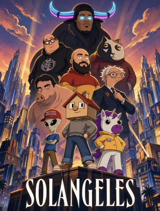 This is a promotional poster for "Solangeles," featuring a diverse cast of animated characters, including a bull-headed figure, a cat, a pig, an alien wearing a "Make Aliens Great Again" hat, a house-headed figure, and a unicorn, standing against a cityscape. The post highlights recent memecoin content drops, with "Solangeles" likely being a central theme or project.