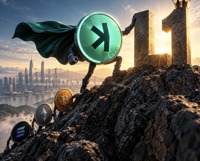 A digital illustration showing anthropomorphized cryptocurrency coins (Solana, Bitcoin, Ethereum, and others) climbing a rocky hill toward a large '1' shaped like a doorway or monument, with a city skyline in the background.