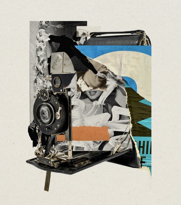 A vintage Polaroid folding camera sits open in front of a torn and layered collage of paper, photography, and abstract shapes in blue, orange, and black tones.
