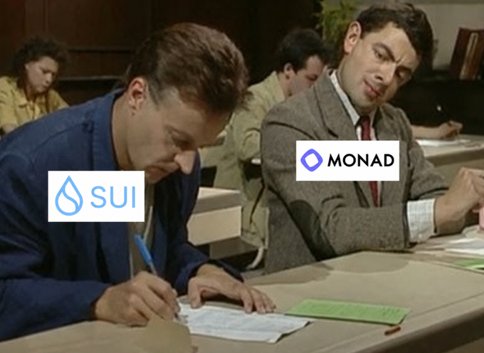 A screenshot from a TV show shows two men at desks, overlaid with logos for the cryptocurrencies 'SUI' and 'MONAD'.
