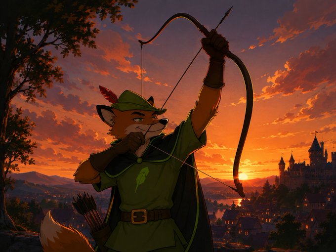 An animated fox archer in a green Robin Hood-style tunic and feathered cap draws his bow, set against a dramatic sunset with a medieval castle in the background. The image's medieval hero archetype visually reinforces the post's message about $FOX positioning itself as a leader in the Robinhood-inspired meme token movement.