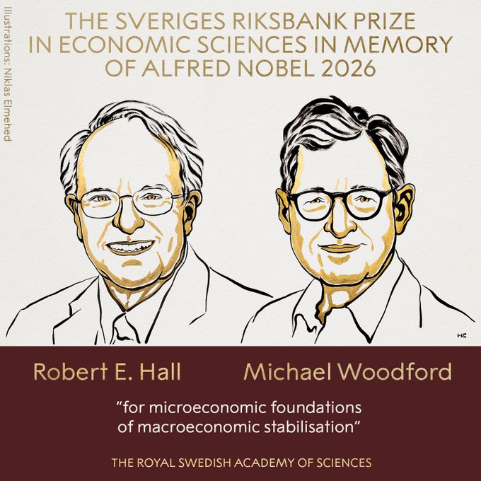 This official illustration from the Royal Swedish Academy of Sciences announces the 2026 Sveriges Riksbank Prize in Economic Sciences in Memory of Alfred Nobel, awarded to economists Robert E. Hall and Michael Woodford "for microeconomic foundations of macroeconomic stabilisation," with portraits by Niklas Elmehed. The post's comment about expecting the prize to go to "Satoshi" appears to be a tongue-in-cheek reference to Satoshi Nakamoto, the pseudonymous Bitcoin creator, jokingly suggesting the award would go to a cryptocurrency figure rather than the actual microeconomic stabilization researchers.