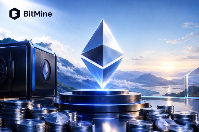 A promotional image for "BitMine" featuring a glowing Ethereum logo on a pedestal, surrounded by stacks of silver coins and mining equipment against a mountain backdrop.