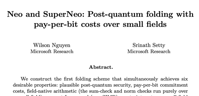 The image features a white background with black text that reads "Happy to share that Neo and SuperNeo have been accepted to Crypto 202!". The text also includes the names of two researchers, Wilson Noyen and Srinath Setya, who are working on a project related to Quantum Computing.