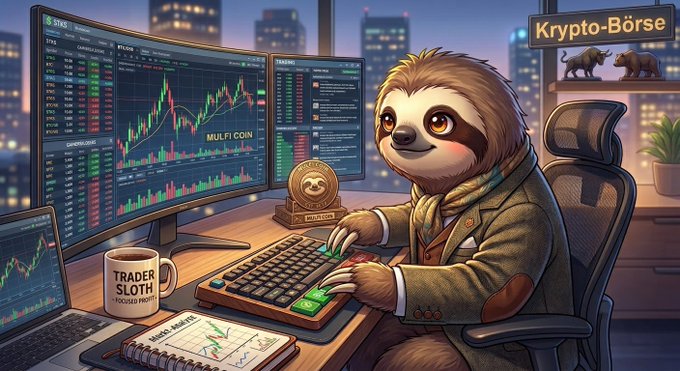 An AI-generated illustration of an anthropomorphic sloth dressed as a trader at a 'Krypto-Börse' (crypto exchange), sitting at a desk with multiple monitors showing trading charts and a 'TRADER SLOTH' coffee mug.