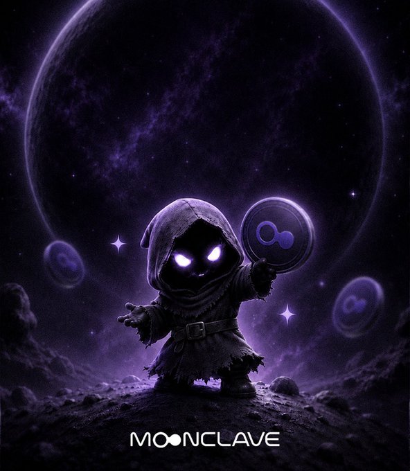A hooded figure with glowing eyes stands on a lunar landscape, holding a coin displaying the Moonclave infinity logo against a starry purple sky with a large moon overhead, with "MOONCLAVE" text at the bottom—visually symbolizing how the platform harnesses collective prediction market positions to generate new informational insights across crypto and real-world events.
