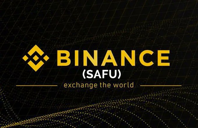 A Binance promotional graphic featuring the yellow Binance logo and the word 'SAFU' in parentheses above the slogan 'exchange the world' on a dark background with gold wave patterns.