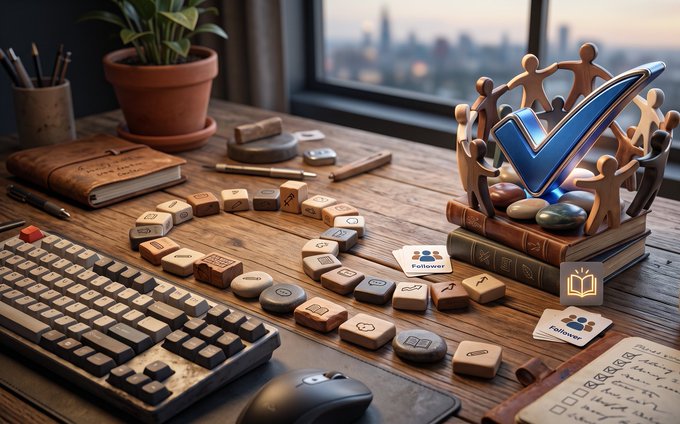 A 3D-rendered desk scene with a keyboard, scattered tiles, books, and a trophy featuring human figures holding a large blue checkmark symbol.