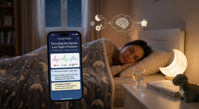 A woman sleeps peacefully in bed at night with a glowing moon lamp beside her, while a smartphone displays an AI Sleep Coach app titled 'Decoding the Signals: Last Night's Patterns,' showing a sleep tracking graph and insights about irregular heart rate and a light exposure deficit.