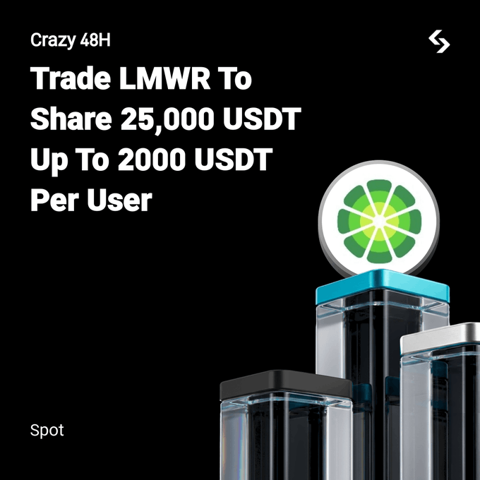 A promotional graphic with a black background advertising a 'Crazy 48H' trading event with the text 'Trade LMWR To Share 25,000 USDT Up To 2000 USDT Per User,' featuring a green lime slice logo above stylized containers.