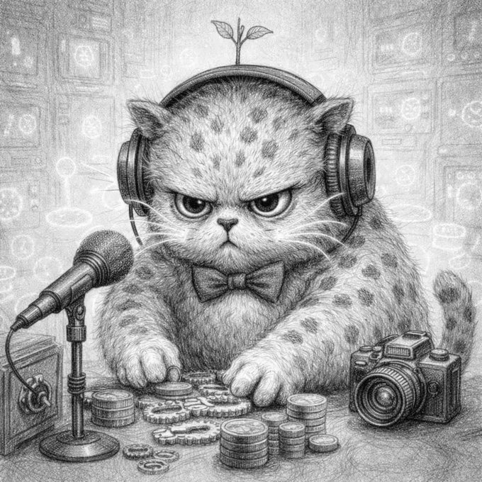 A stern, grumpy-looking cat with headphones and a bowtie sits at a desk equipped with a microphone, camera, and gears, embodying the "Serious cat" persona described in the post—complete with symbolic accessories representing listening, observing, and analyzing.