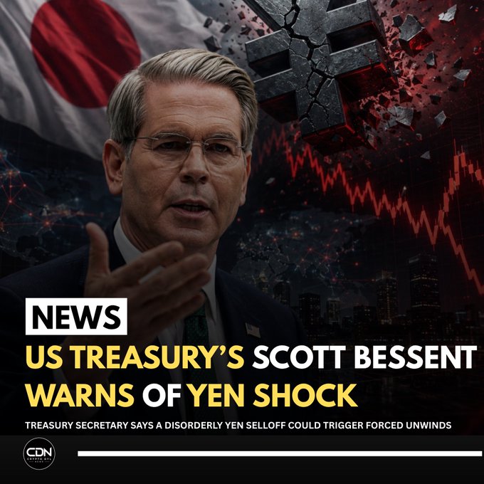 US Treasury's Scott Bessent warns of a yen shock, with a cracked yen symbol and a downward trending graph visually representing the potential market volatility. This directly relates to the accompanying post about the potential global market impact of a disorderly yen selloff.