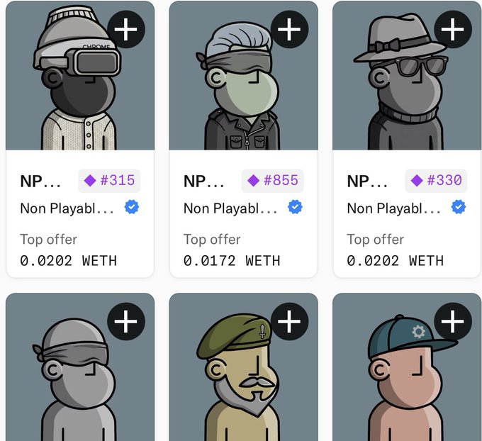 A marketplace interface shows NFT character profiles with various accessories like VR headsets and hats, listed as 'Non Playabl...' with prices in WETH and purple gem icons indicating different rarities.
