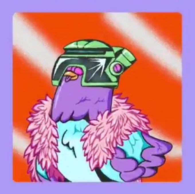 The image features a cartoon pigeon wearing a helmet, which has a green and black color scheme. The pigeon appears to be dressed up for an event or occasion, possibly a costume party or a themed gathering. The background of the image is orange with white stripes, creating a vibrant and eye-catching backdrop that complements the colorful attire of the pigeon.
