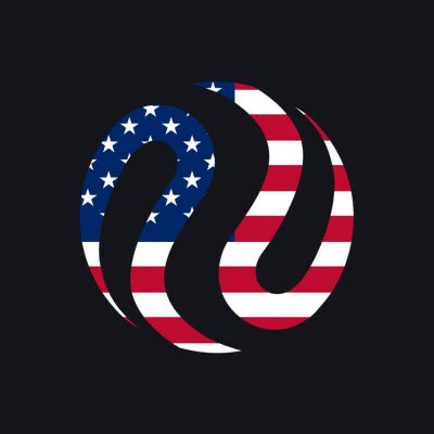 A digital graphic displays a circular emblem incorporating the American flag, overlaid with a stylized black 'u' logo, set against a dark gray background.