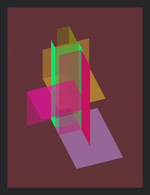 A digital artwork displays overlapping translucent geometric shapes in green, pink, orange, and lavender against a dark red background.