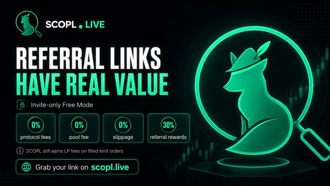 A promotional graphic for SCOPL LIVE featuring a green fox logo, stating 'REFERRAL LINKS HAVE REAL VALUE' with 0% protocol fees, 0% pool fee, 0% slippage, and 30% referral rewards.