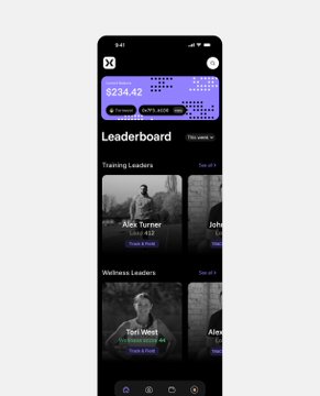 A screenshot of a fitness app leaderboard titled 'This week,' showing 'Training Leaders' and 'Wellness Leaders' sections with user profiles like 'Alex Turner' and 'Toni West'.