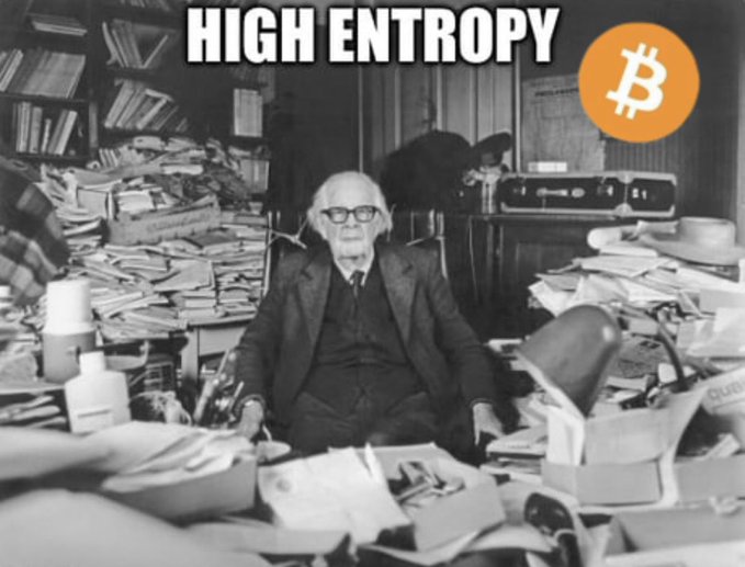 A meme showing an elderly man sitting in a cluttered room overflowing with papers and books, labeled 'HIGH ENTROPY' with a Bitcoin logo in the corner.