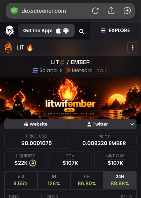 A screenshot from dexscreener.com shows the LIT/EMBER token pair on the Solana/Meteora DEX, displaying a current price of $0.0001075, a market cap of $107K, $22K liquidity, and notable 24-hour gains of 88.98% with 126% growth in the last hour. The promotional banner reads "litwifember" with the tagline "every fire starts with an ember," highlighting the memecoin's recent surge likely tied to the referenced Solana contract address.
