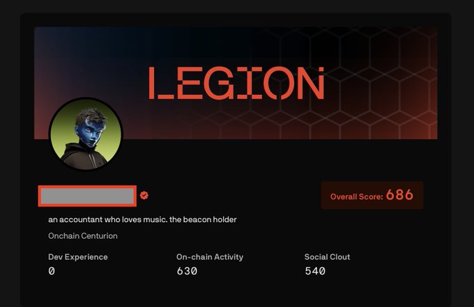 A 'LEGION' profile dashboard for an 'Onchain Centurion' with an overall score of 686, showing metrics of 0 Dev Experience, 630 On-chain Activity, and 540 Social Cloud, with a blurred username.