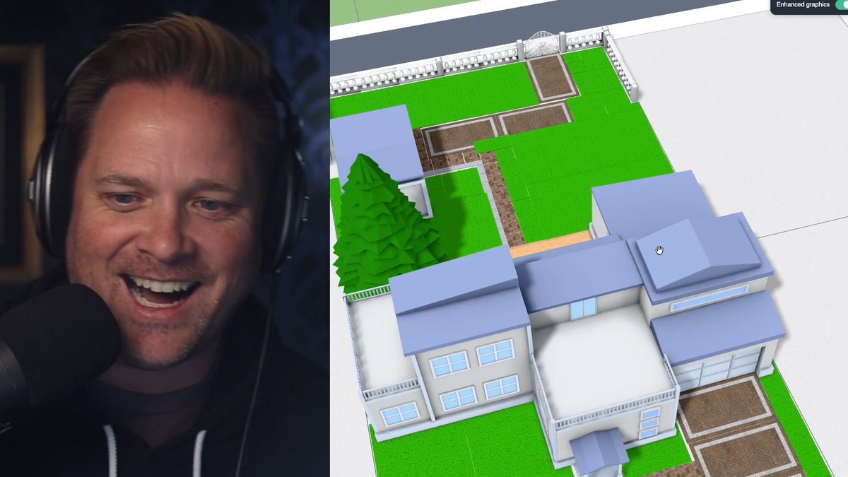 A split-screen shows a laughing man wearing headphones next to a 3D architectural rendering of a house and yard layout.