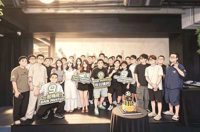 A group photo of a team holding props with BNB and community-related slogans, celebrating the 9th BNB Meetup in Singapore.
