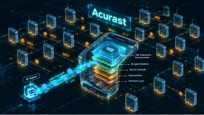 A digital diagram showing the Acurast platform with TEE Execution Environment, AI Agent Runtime, Secure Compute, Data Isolation, and Hardware Layer, featuring an AI Agent sending x402 Payments in $ACU.