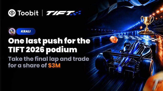 A promotional banner for Toobit and TIFT shows a Formula 1 race car with the text 'One last push for the TIFT 2026 podium' and 'Take the final lap and trade for a share of $3M'.