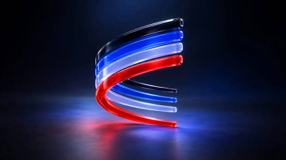 A stylized 3D rendering of a metallic ribbon swirling upward in red, white, and blue colors against a dark background, illuminated by a glowing light source.