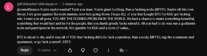 A Reddit comment from user '@lifeisharderforblackpepow' expressing frustration, addressing @camefinance, mentioning BIP110, NGU, and criticizing BTC buyers.