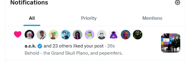 A notifications panel shows that "a.c.k." (verified) and 23 others liked a post from 26 seconds ago, with a preview reading "Behold - the Grand Skull Piano, and pepemfers." The displayed profile icons feature anime characters and one pink heart avatar, tying into the post's playful reference to "goats love pepemfers."