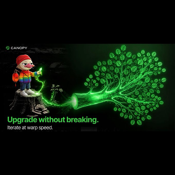 A promotional image for 'CANOPY' featuring a cartoon character with a flashlight illuminating a large green tree, accompanied by the tagline 'Upgrade without breaking. Iterate at warp speed.'